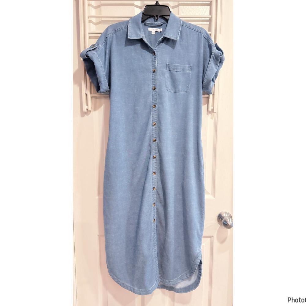 Chicos Blue Soft Chambray Cotton Blend Button Front Midi Shirt Dress Small